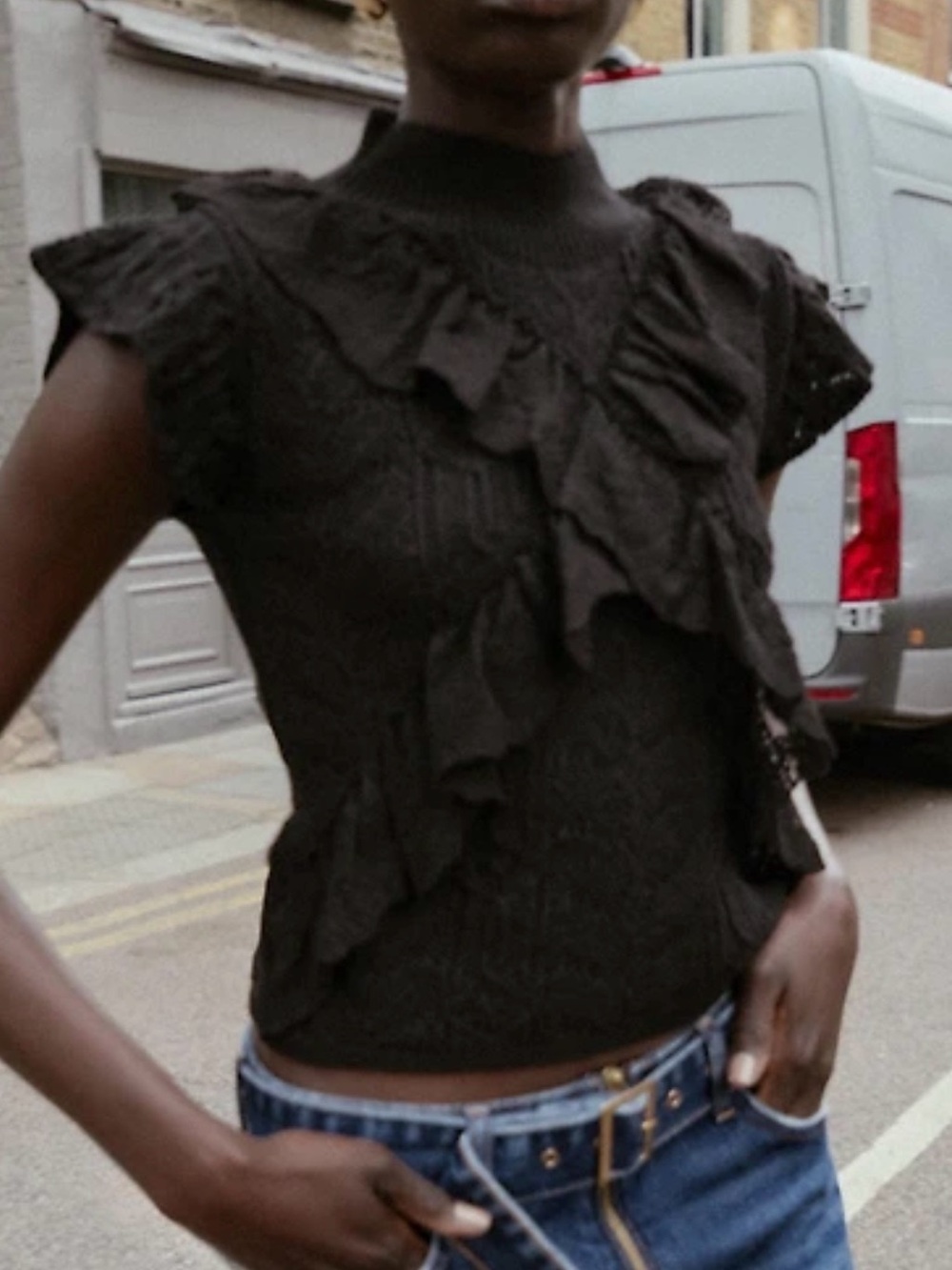 Zara Pointelle Black Ruffle Short Sleeve Knit Top